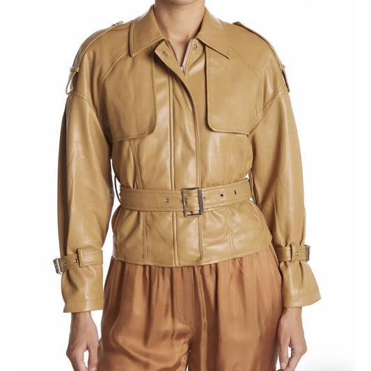 Azalea Wang Faux Leather Camel Belted Short Moto Jacket large