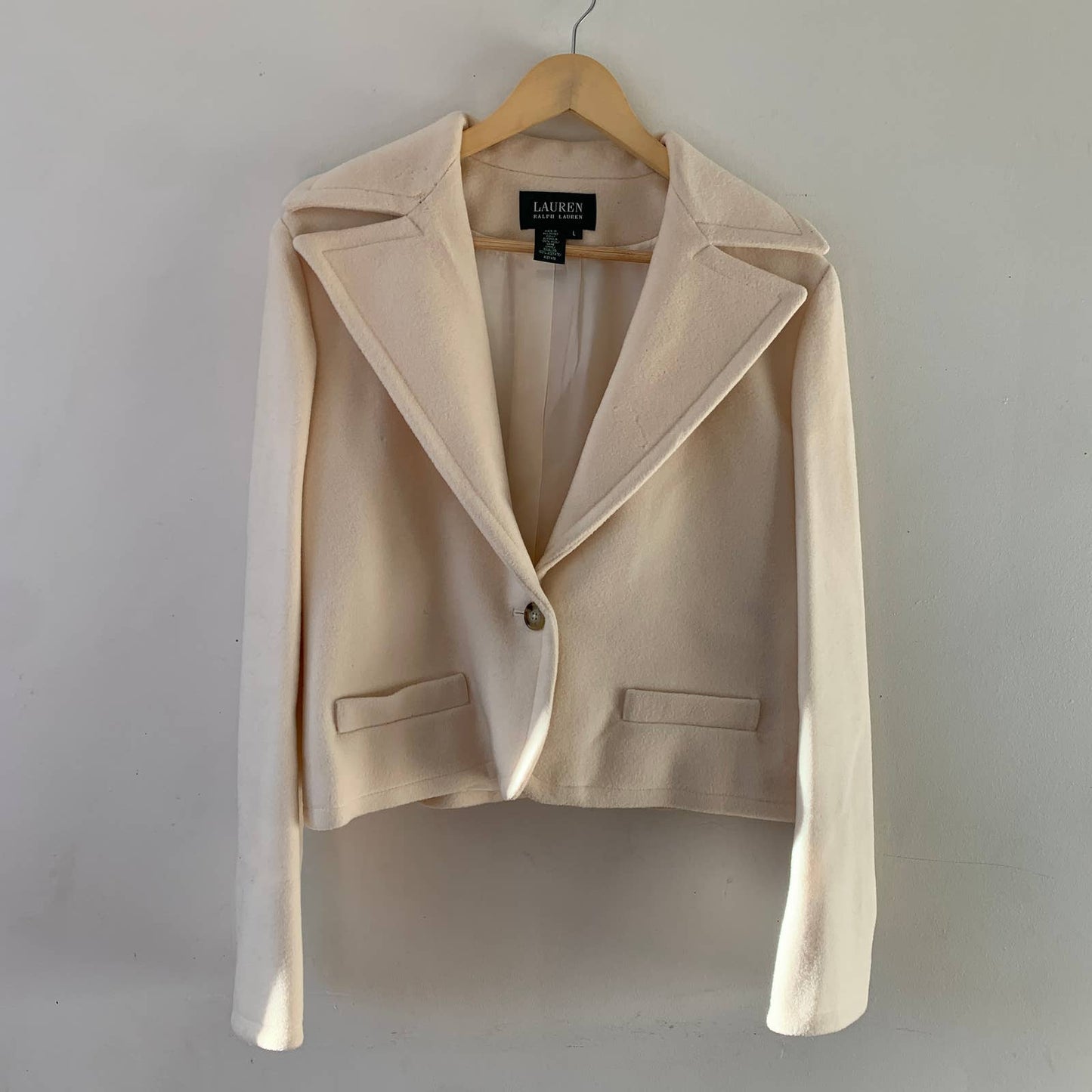Ralph Lauren Women's Wool Single Button Cropped Cream Jacket Blazer Large