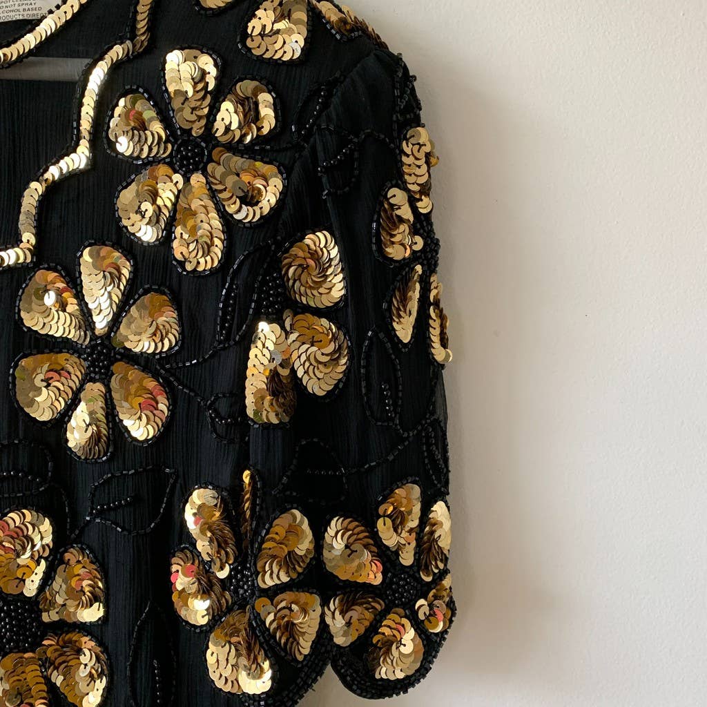 Vintage Stenay Sequin Floral Gold Black Silk Blouse Small