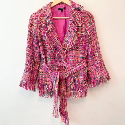 Boston Proper Pink Tweed Fringe Blazer Jacket