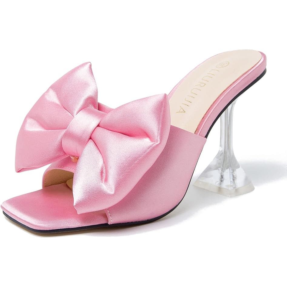 LIURUIJIA Bowknot Satin Heel Mule Sandals Square Toe Bow Party Dress Shoes Slide