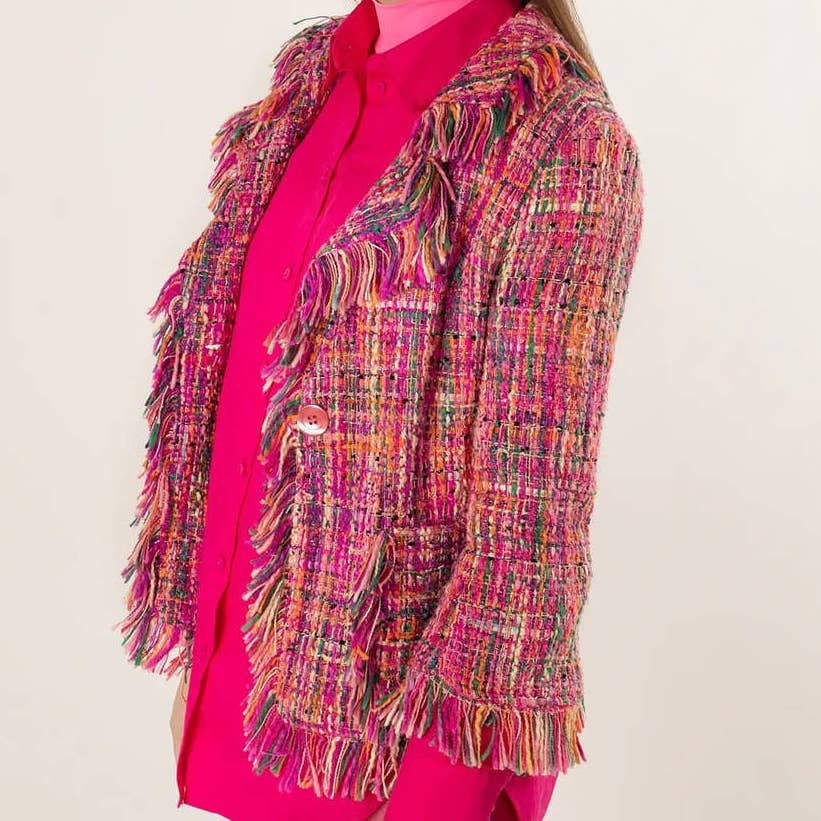 Boston Proper Pink Tweed Fringe Blazer Jacket