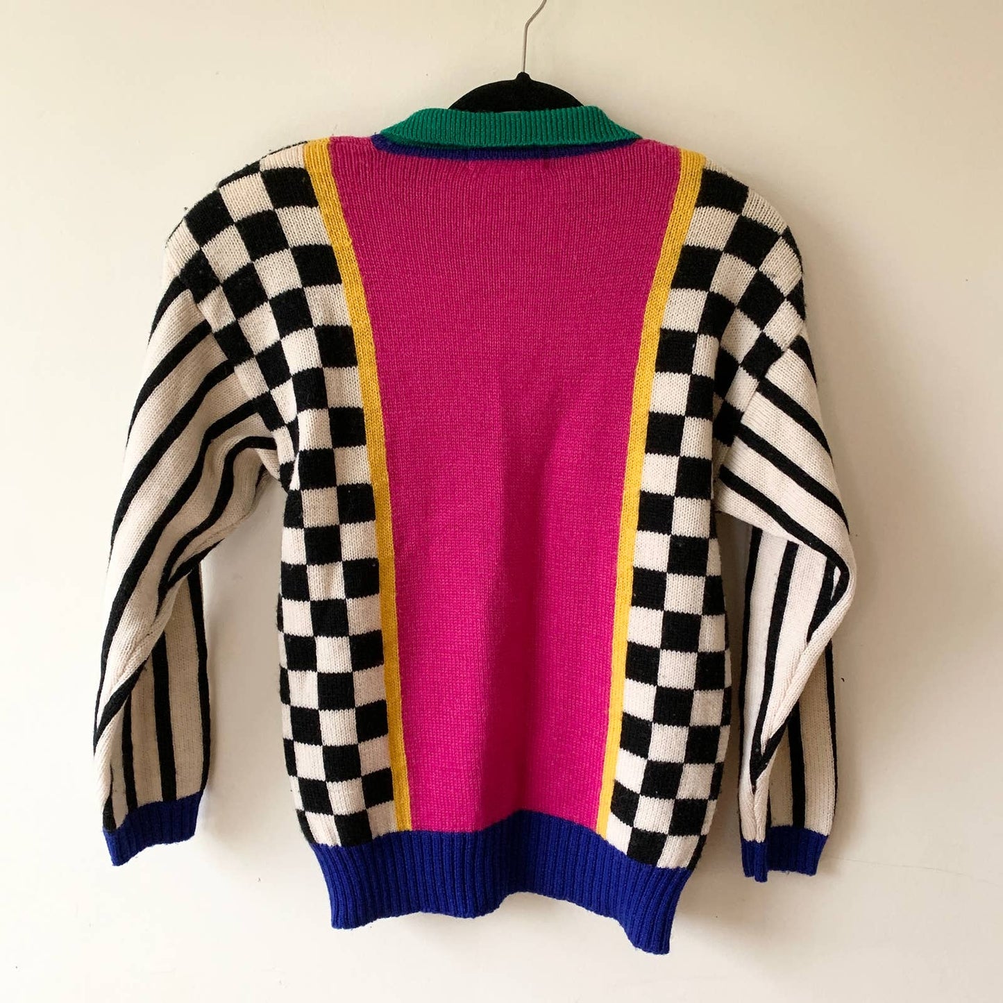 Vintage 1980s Outlander Checkered Striped Collared Pink Blue Black Sweater large