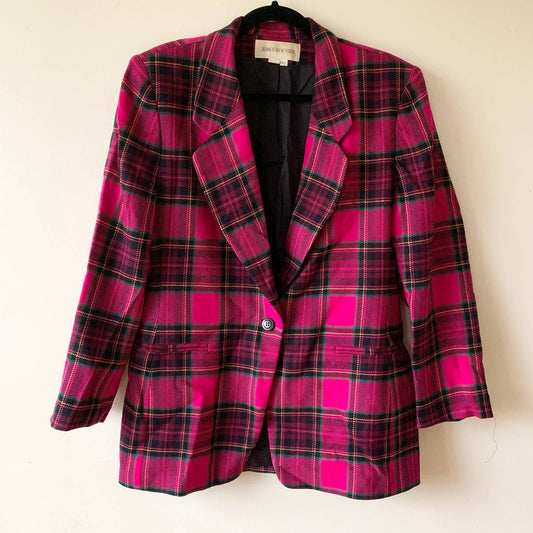 Vintage Jones New York Hot Pink Black Plaid Wool Blazer Size 12