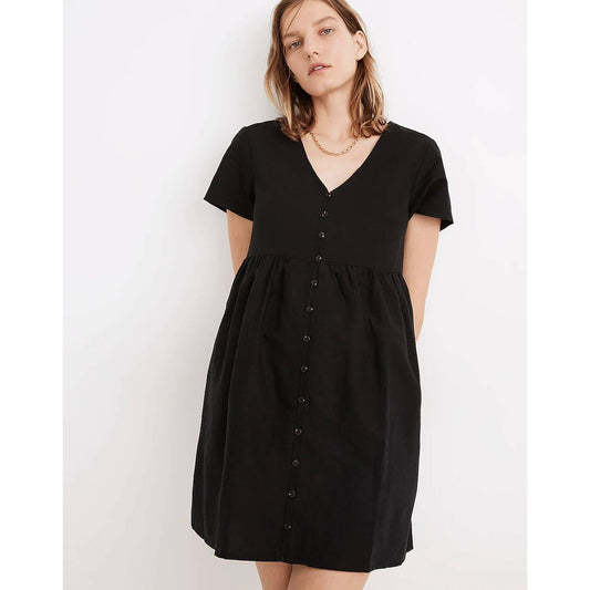 Madewell Linen Blend Alexandra Button Front Black Midi Dress AL713