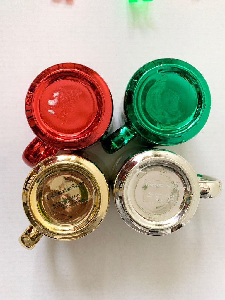 Vintage Celebrate the Season Red, Green, Silver, Gold Metallic Christmas Coffee Mug Set of 4