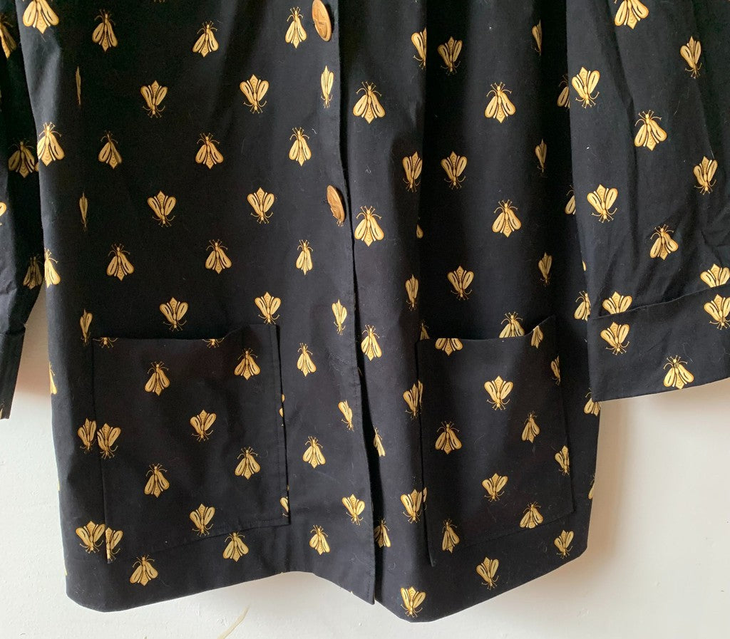 Vintage Steven Stolman Bee Print Black Gold Trench Coat Jacket Size 18W Plus
