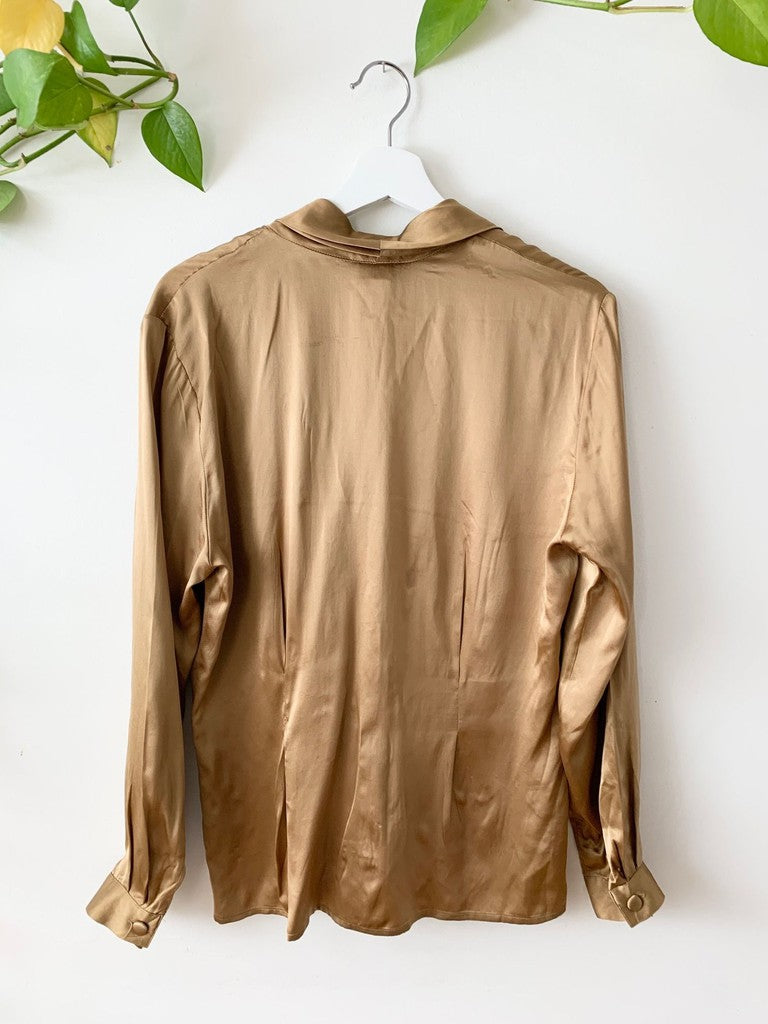 Vintage Jacquline Jerful Gold Bronze Silk Long Sleeve 90s Blouse Shirt