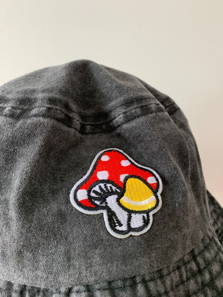 Embroidered Mushroom Print Vintage Inspired Bucket Hat Gray Red Yellow