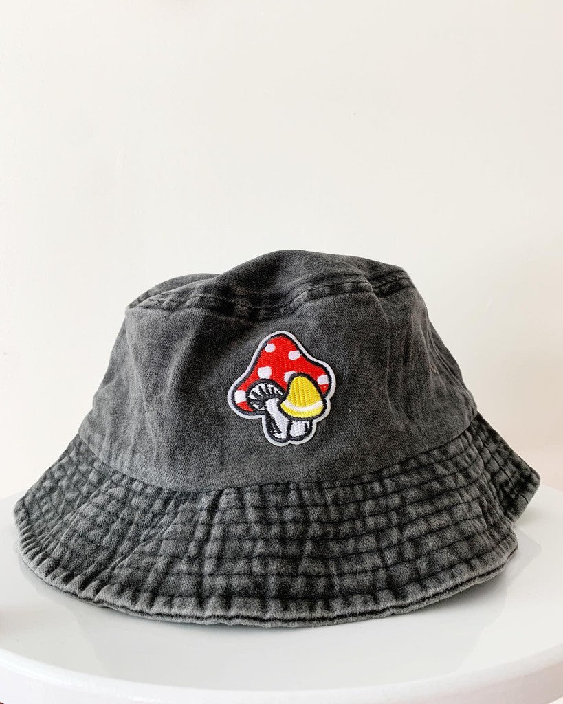 Embroidered Mushroom Print Vintage Inspired Bucket Hat Gray Red Yellow