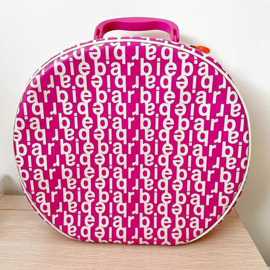 Vintage 2003 Large Barbie Printed Makeup Travel Barbie Logo Doll Round Carrying Case Pink White