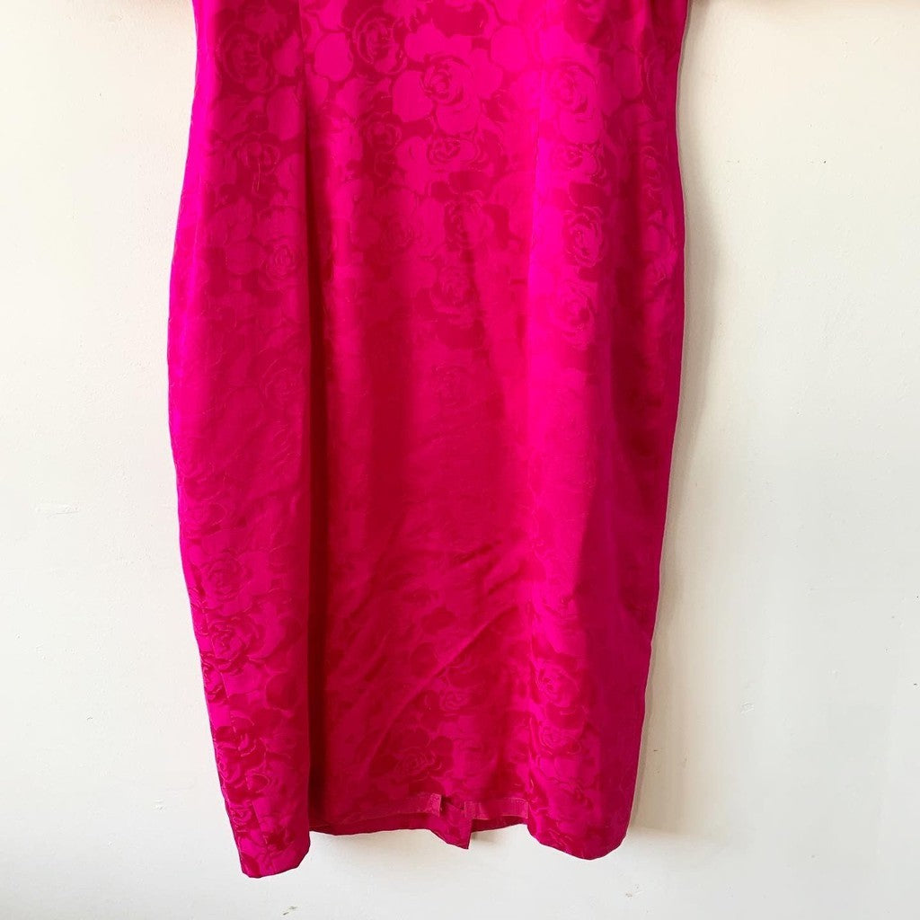 Vintage 80s Adrianna Papell Pink Sheath Midi Puff Sleeve Dress