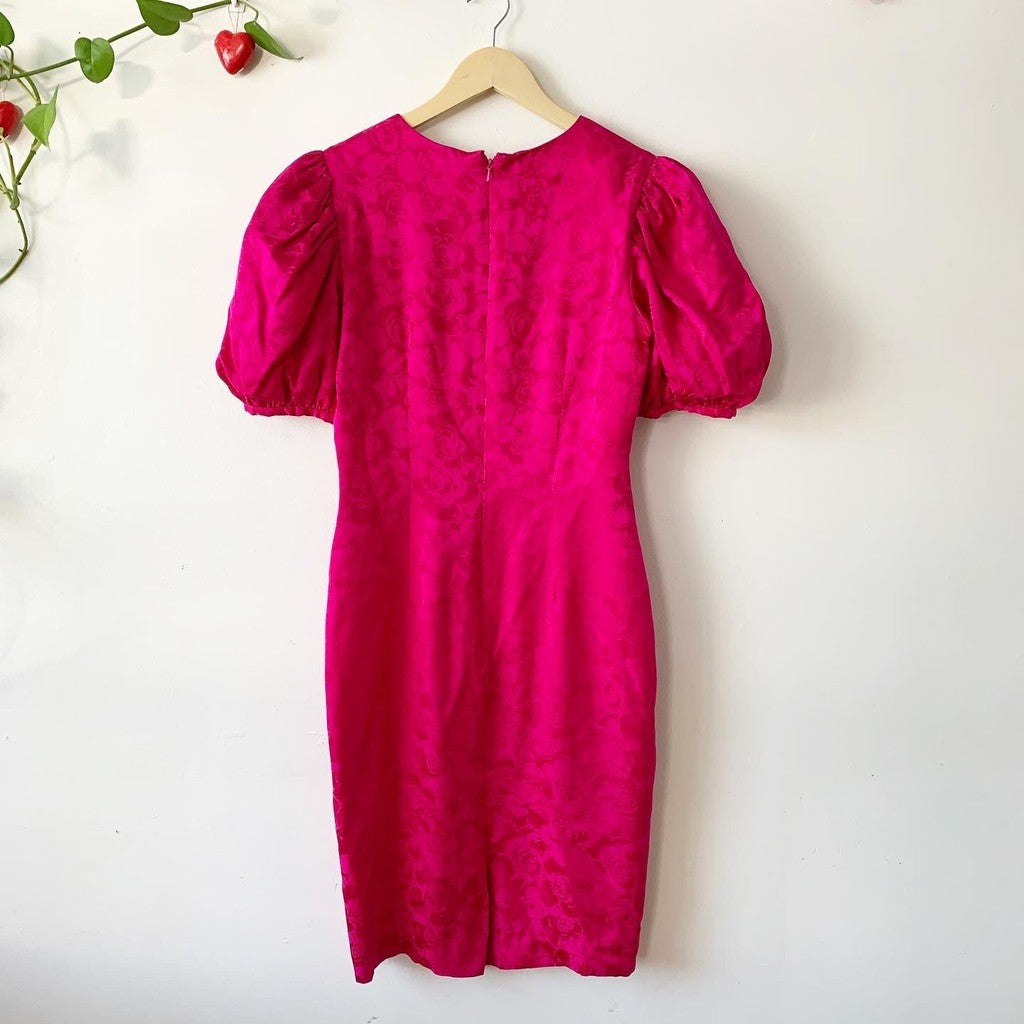 Vintage 80s Adrianna Papell Pink Sheath Midi Puff Sleeve Dress