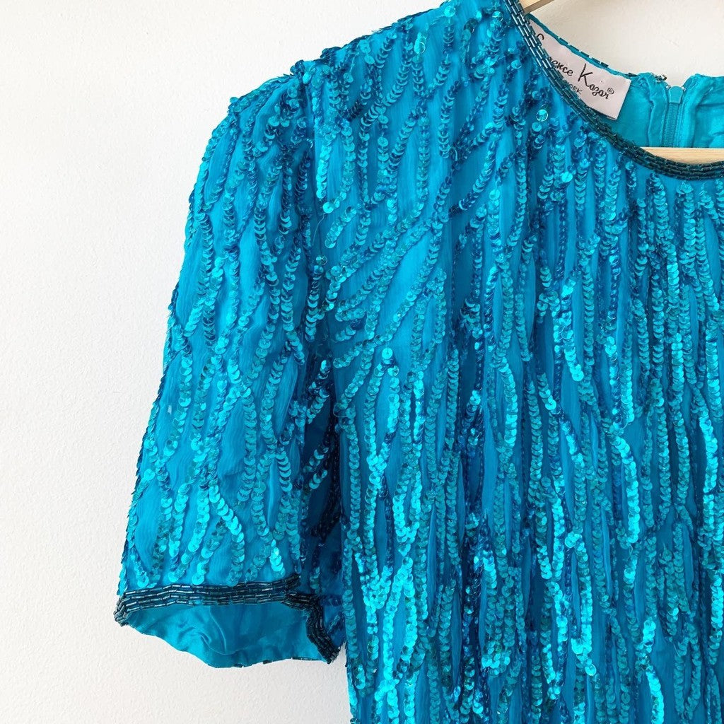 Vintage 80s Laurence Kazar 100% Silk Sequin Dress M