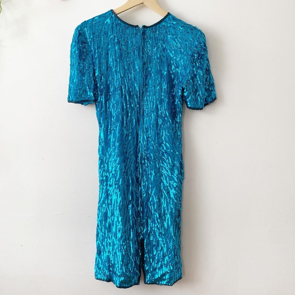 Vintage 80s Laurence Kazar 100% Silk Sequin Dress M