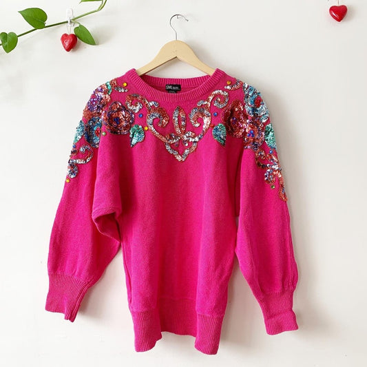 Vintage SML Glitz 80s Pink Sequin Sweater XL