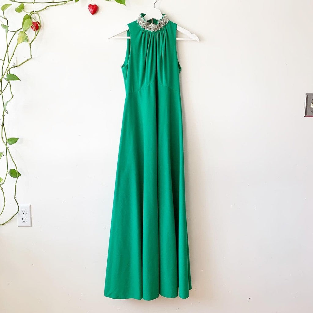 Vintage 1970s Kelly Green Beaded Collar Maxi Formal Dress Size Small