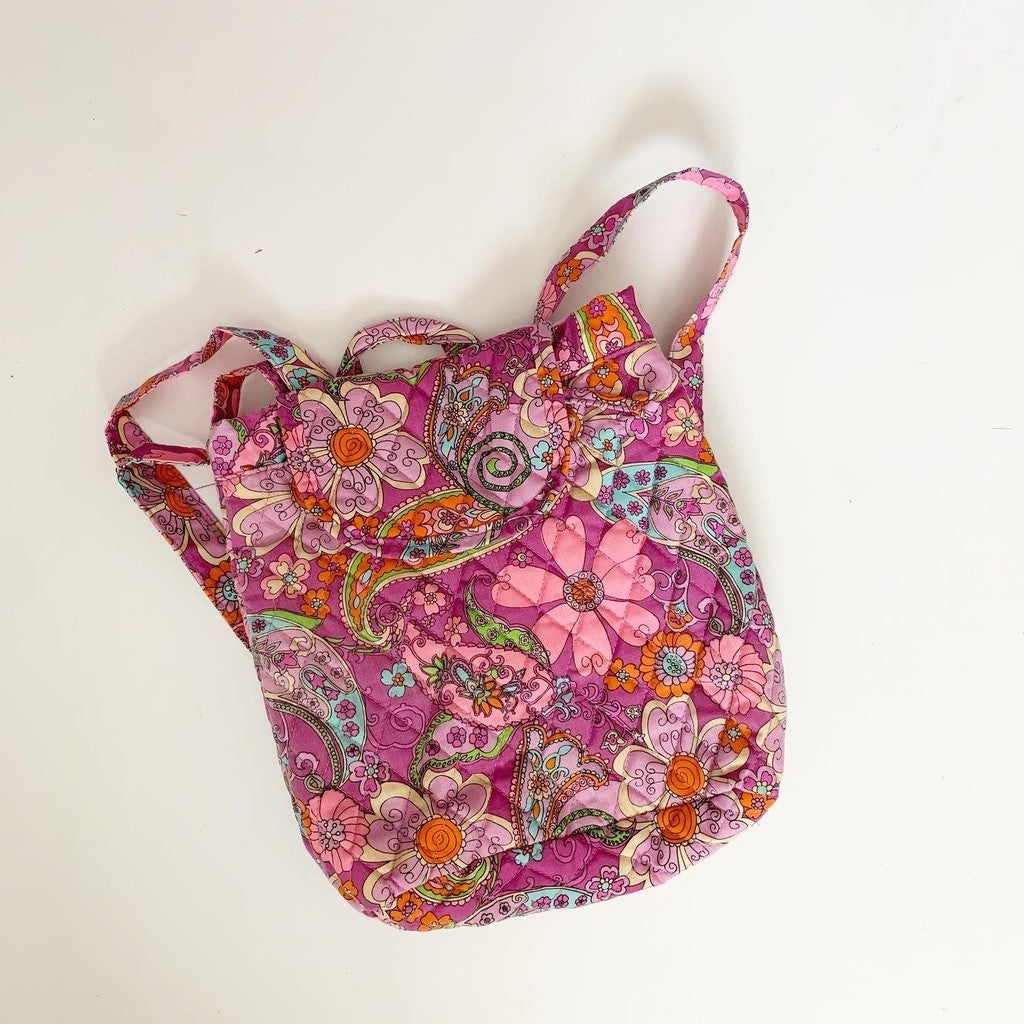 Purple & Orange Multicolor Cotton Quilted Small Floral Backpack Purse