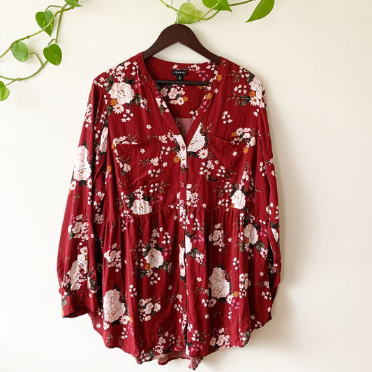 Torrid Burgundy and White Button-Up Floral Long Sleeve Top 2X