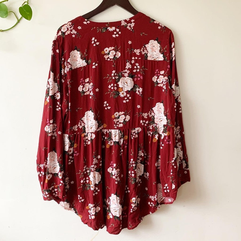 Torrid Burgundy and White Button-Up Floral Long Sleeve Top 2X