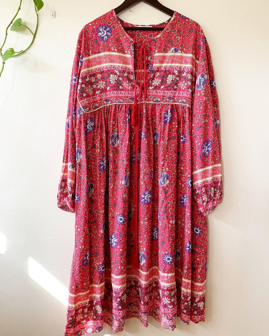 R.Vivimos Women's Long Sleeve Floral Print Retro V Neck Tassel Bohemian Midi Dress
