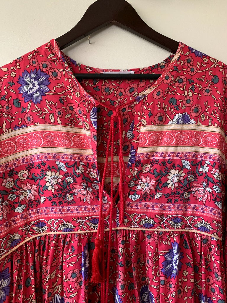 R.Vivimos Women's Long Sleeve Floral Print Retro V Neck Tassel Bohemian Midi Dress