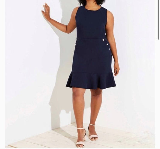 LOFT Navy Flounce Pearl Dress Plus