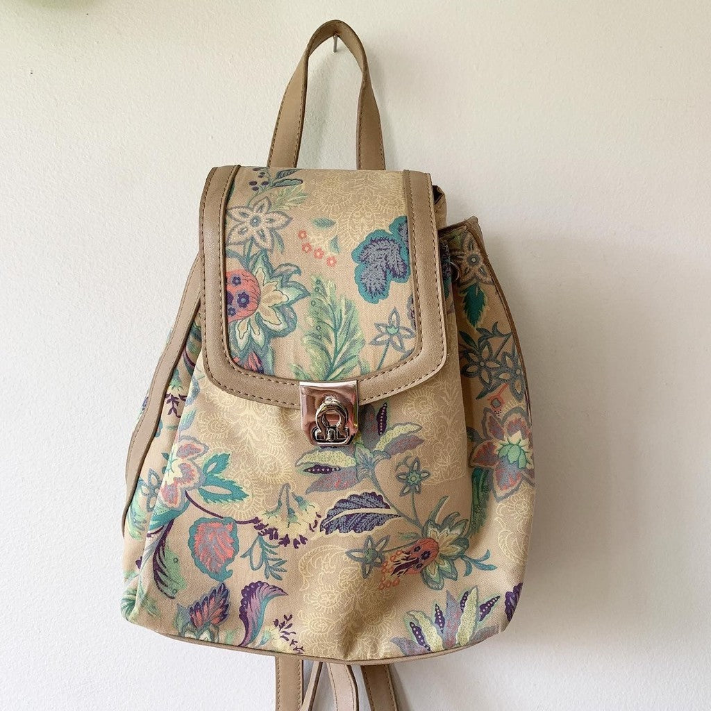 Etienne Aigner Beige Floral Mini Backpack Purse