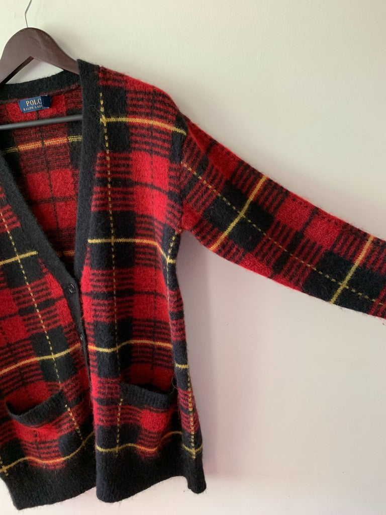 Polo Ralph Lauren Red Tartan Plaid Cardigan Wool Blend Sweater