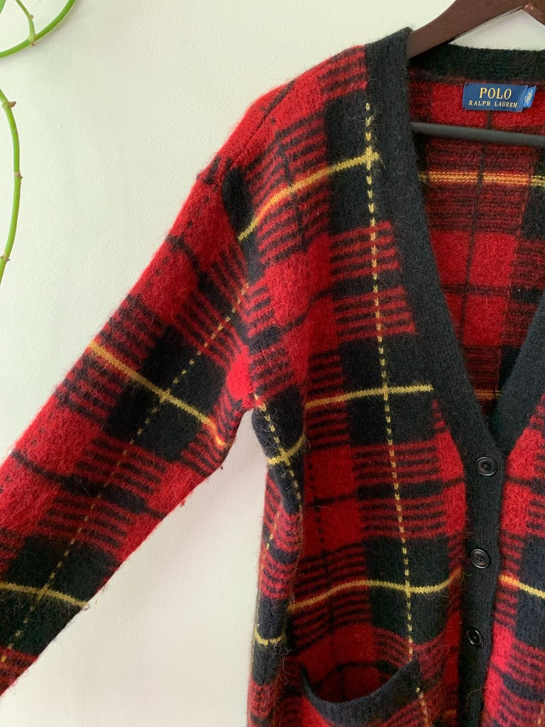 Polo Ralph Lauren Red Tartan Plaid Cardigan Wool Blend Sweater