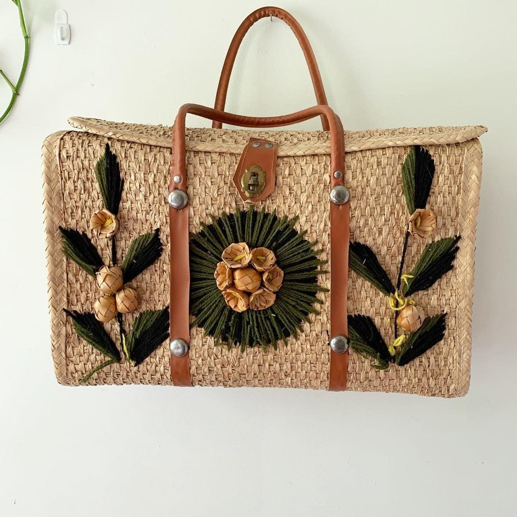Vintage Straw Woven Tote Bag with Flowers