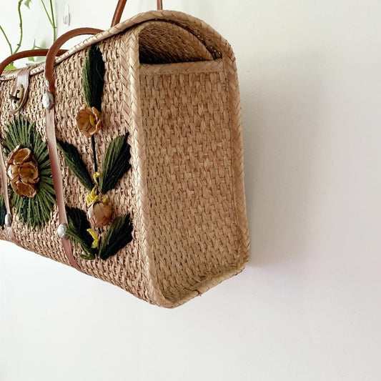 Vintage Straw Woven Tote Bag with Flowers