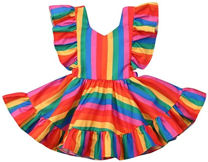 Toddler Girls Rainbow Dress Ruffle Backless Casual Summer Sundress
