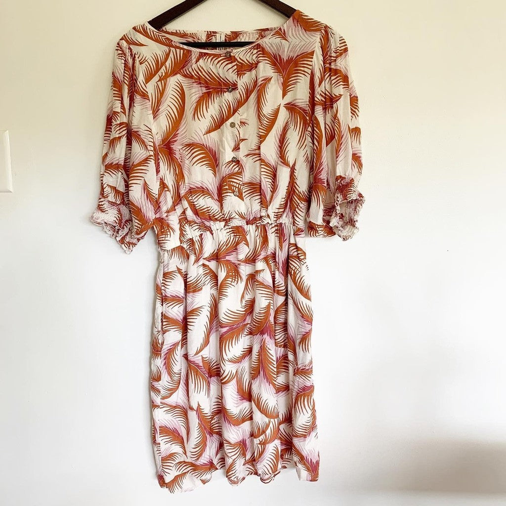 By Anthropologie Nicole Puff Sleeves Floral Palm Leaf Shirtdress Linen Blend S
