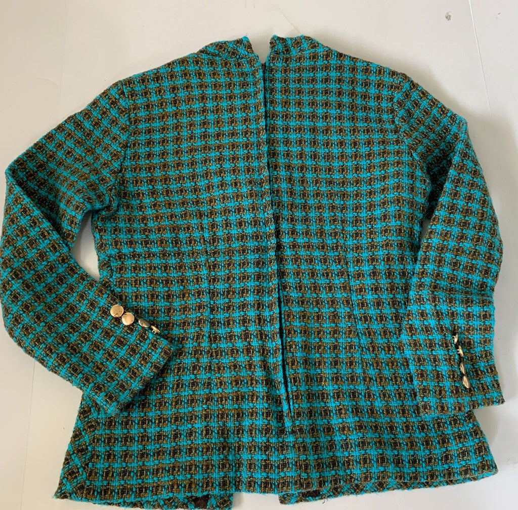 Vintage Handmade Knit Sweater Blue Brown Plaid with Gold Buttons