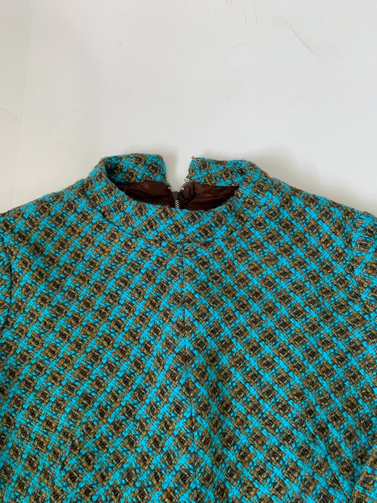 Vintage Handmade Knit Sweater Blue Brown Plaid with Gold Buttons