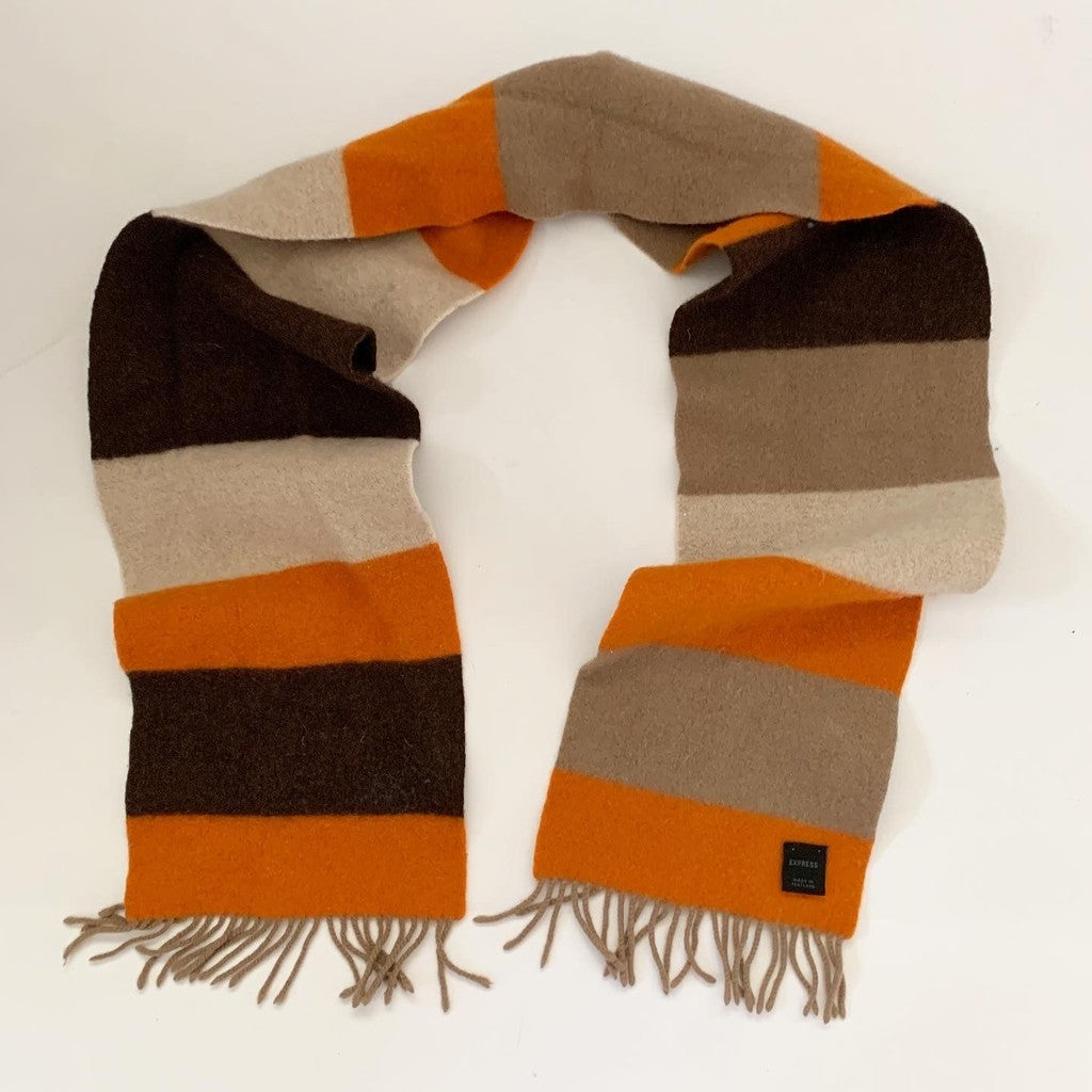 Express Brown & Orange Wool & Cashmere Striped Rectangle Scarf