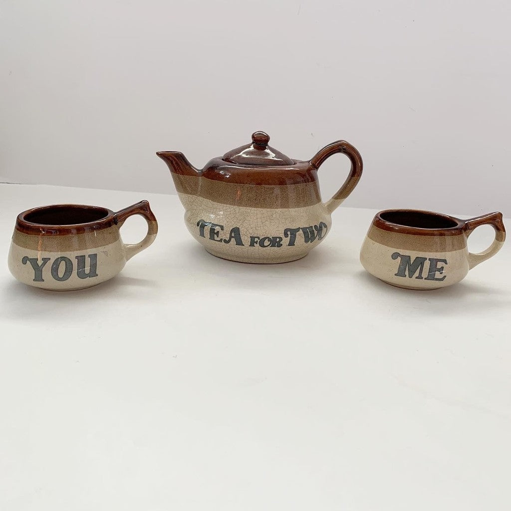 Tea for Two Me and You Crock Pottery Teapot with Cups