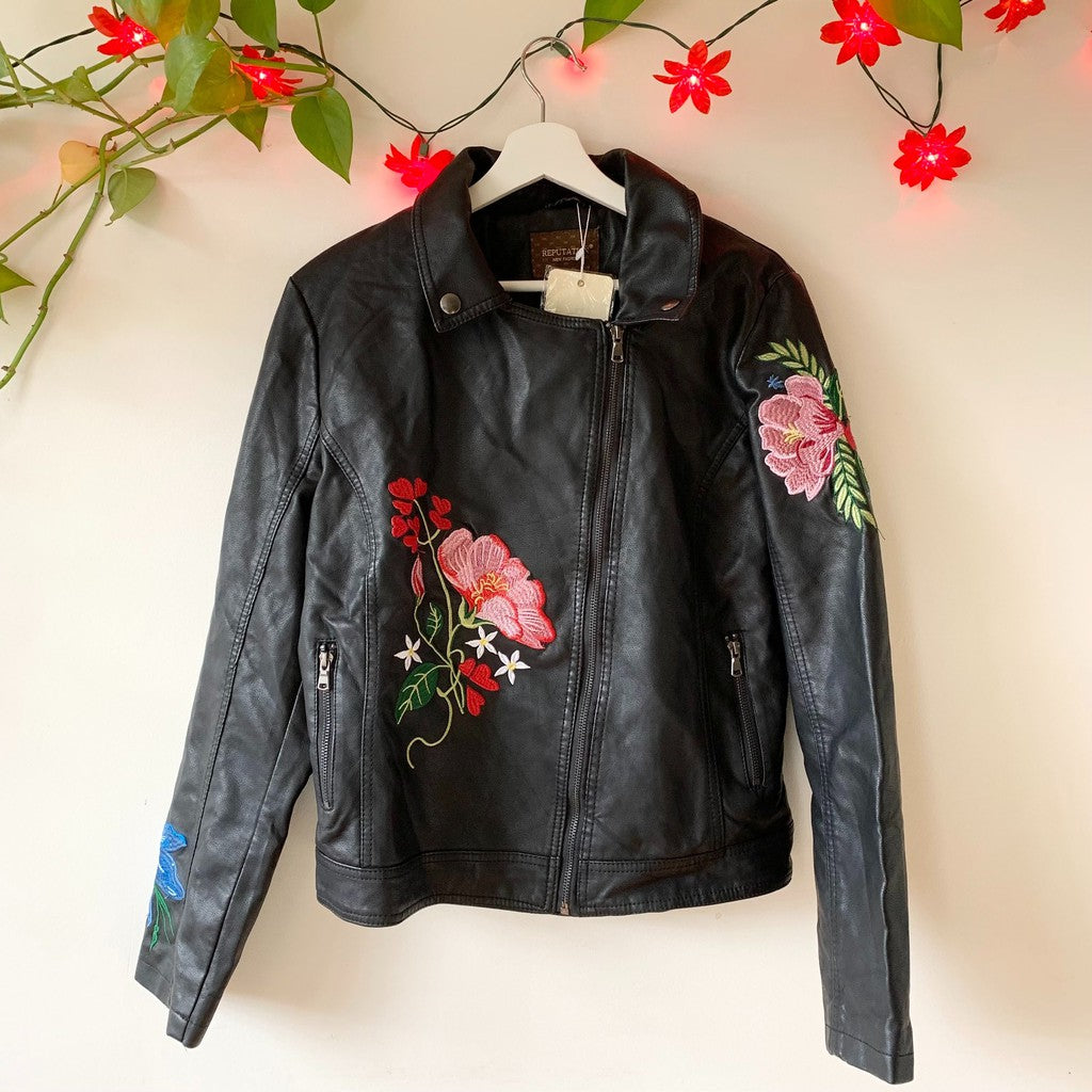 Reputation Embroidered Floral Biker Faux Leather Jacket Size XL