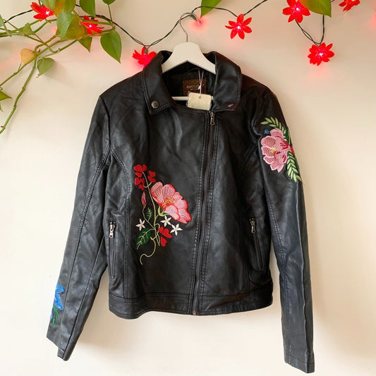 Reputation Embroidered Floral Biker Faux Leather Jacket Size XL