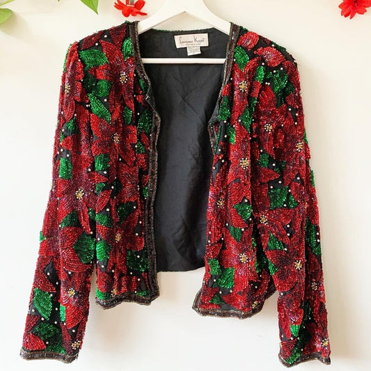 Vintage Laurence Kazar Red Poinsettia Sequin Silk Christmas Blazer size Xl