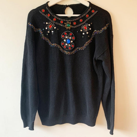 Vintage Sequined Beaded Neckline Sweater