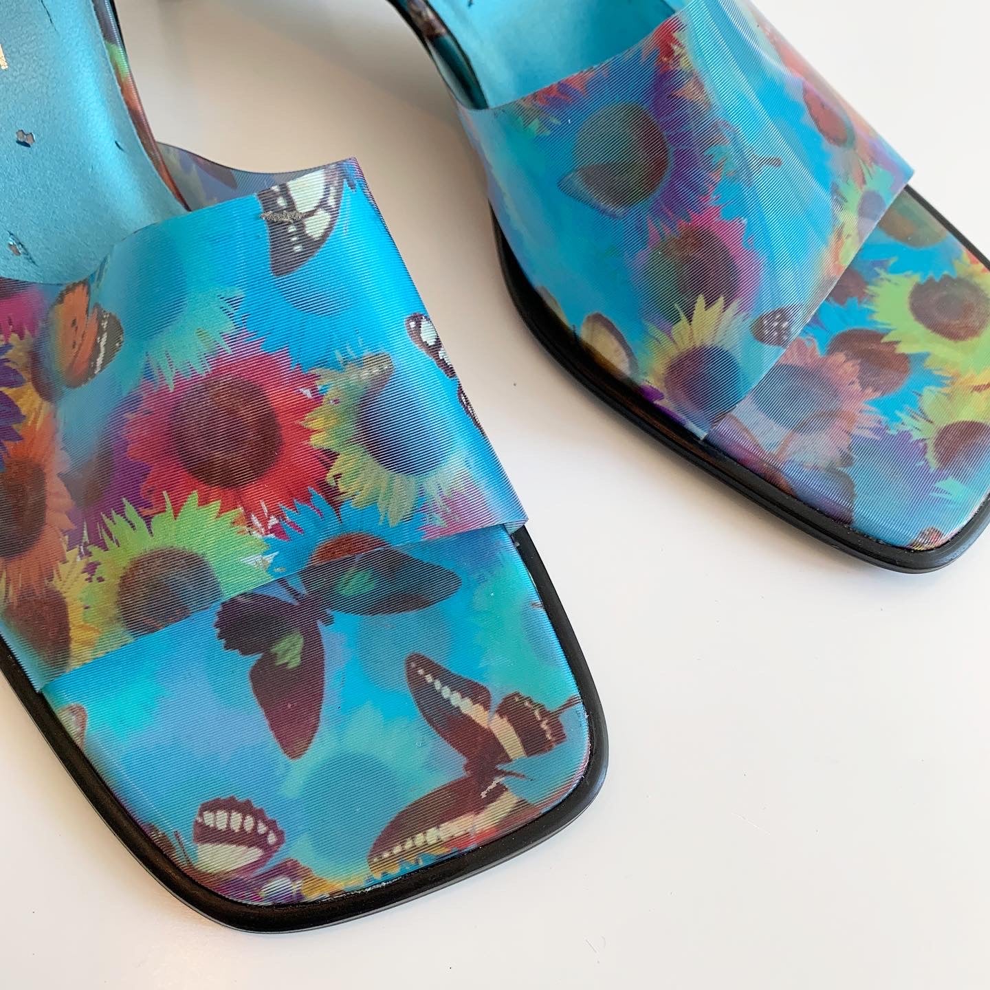Amanda Smith Holographic Blue Butterfly Sunflower Y2K Sandals