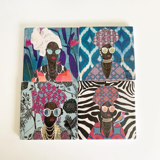Set of 4 Modern Turban Woman Nikki Chu Tile Coasters