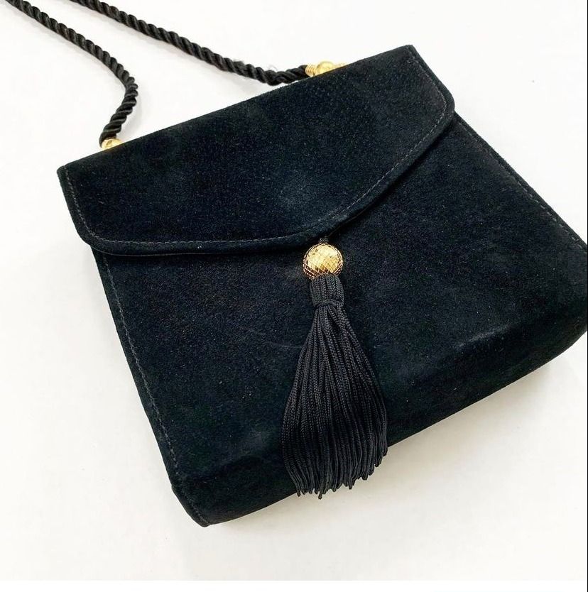 Vintage 90s Black Suede Small Shoulder Bag Purse Gold-Plated