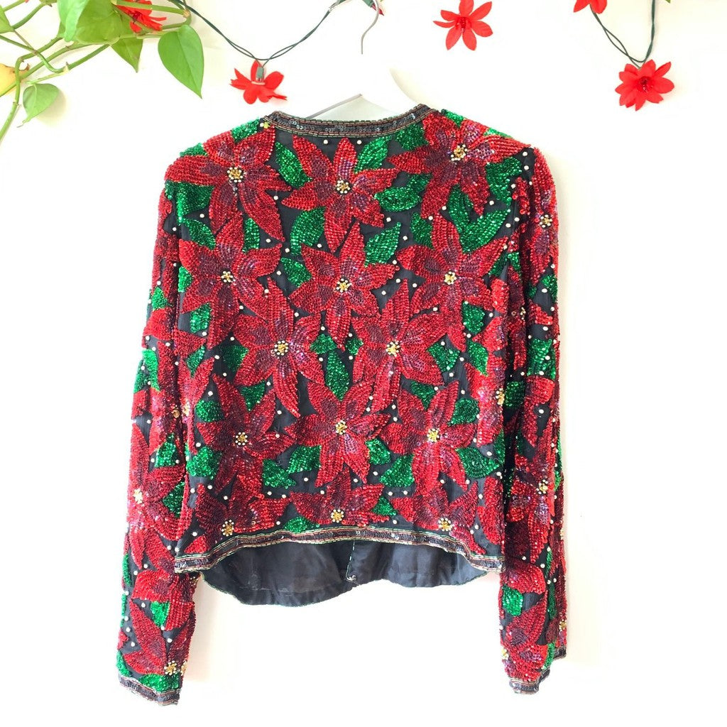 Vintage Laurence Kazar Red Poinsettia Sequin Silk Christmas Blazer size Xl