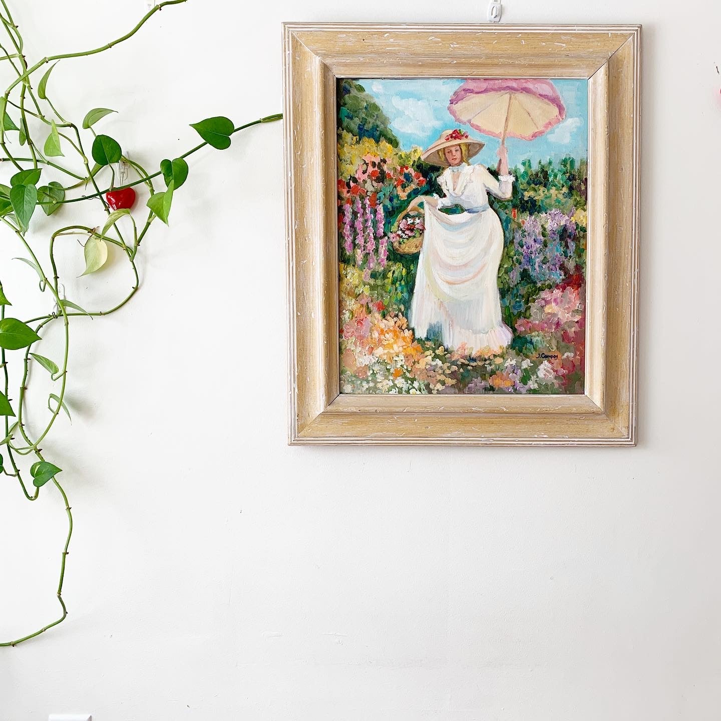 Vintage Painting Woman in Garden by J. Compoy