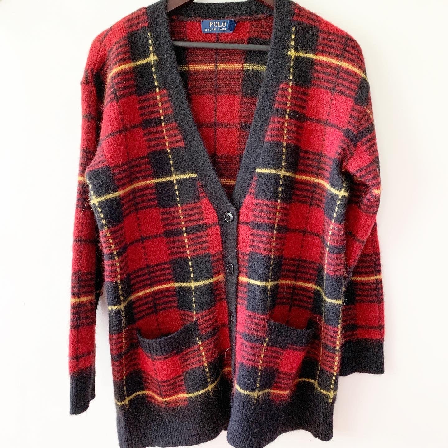 Polo Ralph Lauren Red Tartan Plaid Cardigan Wool Blend Sweater