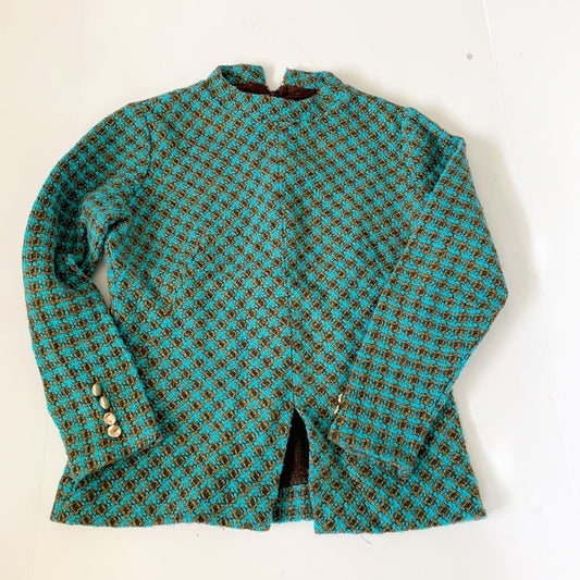 Vintage Handmade Knit Sweater Blue Brown Plaid with Gold Buttons