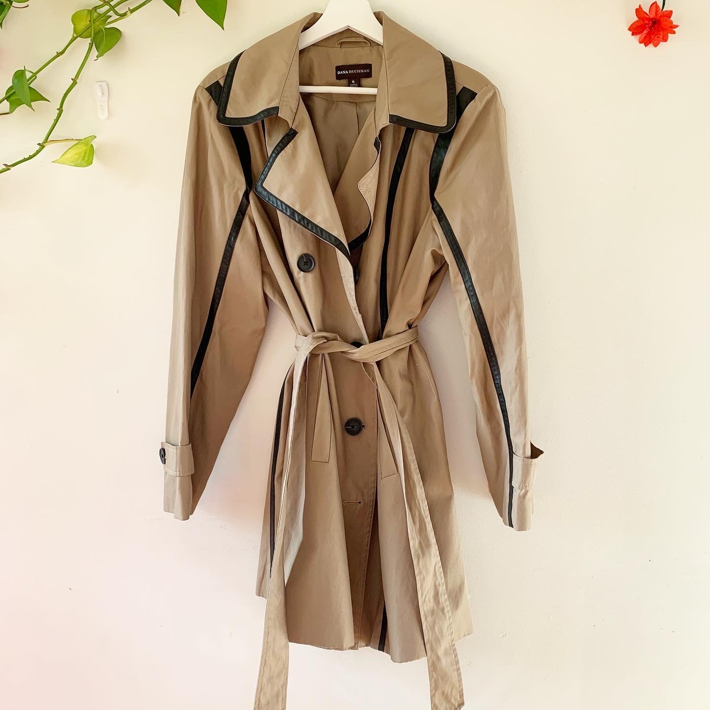 Dana Buchman Leather Trimmed Trench Belted Trench Coat, Size XL